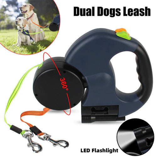 🐶 Dual Retractable Dog Leash with Flashlight & Waste Bag Holder