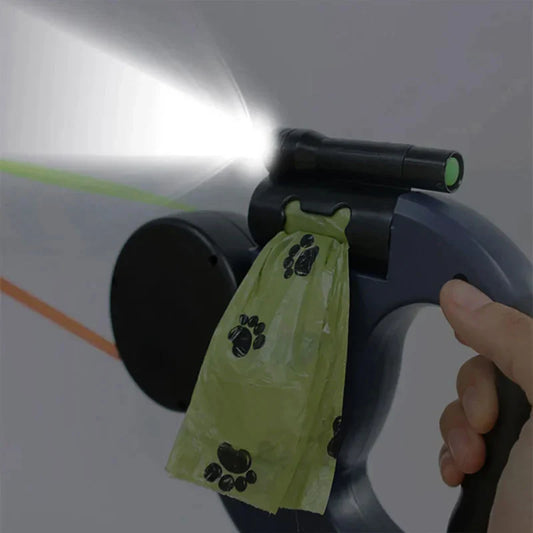 🐶 Dual Retractable Dog Leash with Flashlight & Waste Bag Holder